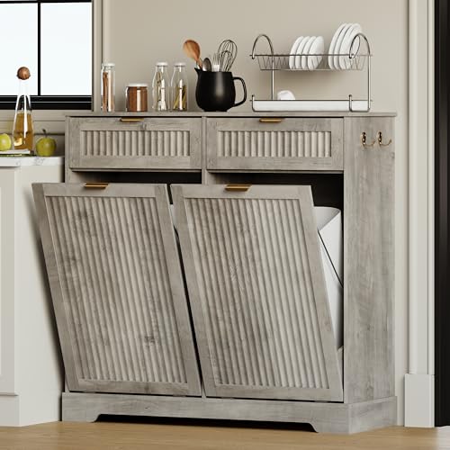 2 x 13 Gallons Double Tilt Out Trash Can Cabinet, Grey