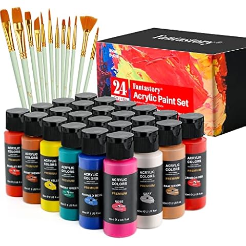 Fantastory Acrylic Paint Set 24 Colors (2 oz / 60ml Each), Non Toxic, Non Fading, Waterproof, Acrylic Paint Kit for Artwork & DIY Projects on Canvas, Wood, Glass, Clay, Fabric, Ceramic, Paper, Canvas Cover