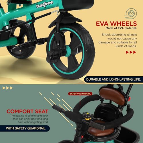 Image of Baybee Albine 3 in 1 Baby Tricycle for Kids | Smart Balanced Tricycles with 180 Reversable seat, Parental Handle, Safety Guardrail & Cushion seat | Kids Cycle for 2-5 Years Boy Girl (Green)