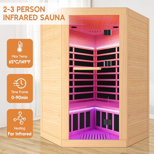 Image of OUTEXER 2-3 Person Sauna Corner Sauna Far Infrared Saunas Room Home Canadian Hemlock Indoor 2100W Low-EMF Dry Saunas with 7 Color Therapy 47.2 * 47.2 * 74.8inch