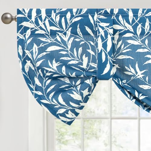 VOGOL Linen Textured Kitchen Valances, Navy Blue Leaf Pattern Valance