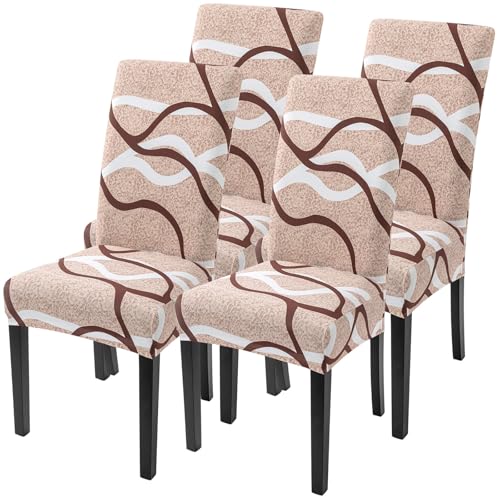 Image of SearchI Dining Room Chair Covers Set of 4, Stretch Printed Parsons Chair Slipcovers Super Fit Spandex Removable Washable Kitchen Chair Protector Cover for Dining Room, Hotel, Ceremony (Khaki)
