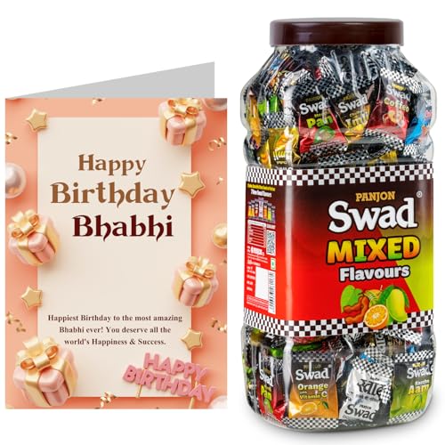 Image of Swad Happy Birthday Bhabhi Gift with Card (Swad Mixed Flavours Candy 200 Jar & 1 Greeting card) 2 units