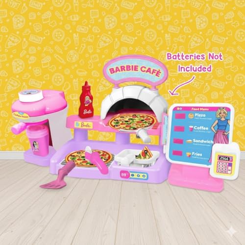 Image of Barbie Cafe Pizza Set for Kids by Genie's Toy Bus I Pretend Play Toy Set for I Electronic ATM Machine I Let's Play Cafe Pizza Set with Coffee Maker, Dining Table, etc I Toy for Age 3+