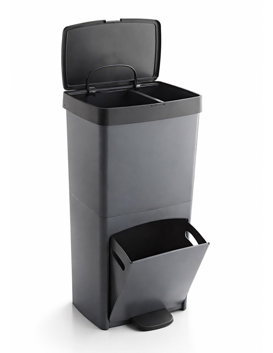 Jardin202 - Cubo de Basura para Reciclaje Triple 70L | 3 Compartimentos con Pedal y Tapa Hermetica | Vertical y Ergonómico | Duradero | 70 litros (Gris)