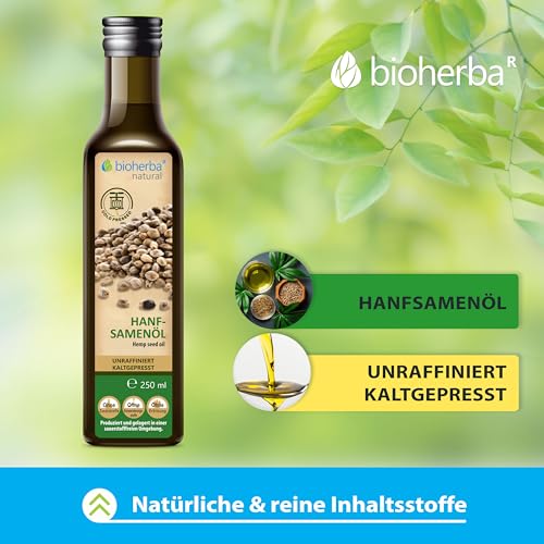 Hanfsamenöl 250 ml – Kaltgepresstes natürliches Öl aus Hanfsamen | Mild-nussiger Geschmack | Vielseitig für Küche und Pflege | Von BIOHERBA