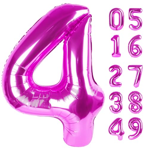 Image of Rosy Purple 4 Balloon, Number Balloons 40 Inch, 4th Birthday Decorations Four Large Numbers for Party Decor, Number 4 Balloon