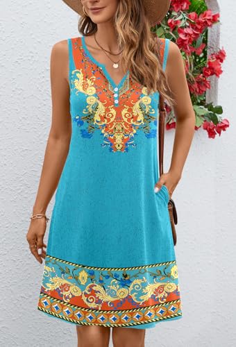 Image of Ladlop Summer Dresses for Women 2026 Beach Loose Casual A Line Dress Sleeveless V-Neck Sundress with Pockets