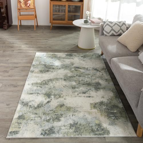 Carvapet Rugs for Living Room, Green Modern Abstract Low Pile Carpet with Rubber Backing, Foldable, Non Slip Machine Washable (6 x 4 Feet Rectangular, Sage Green Area Rug)
