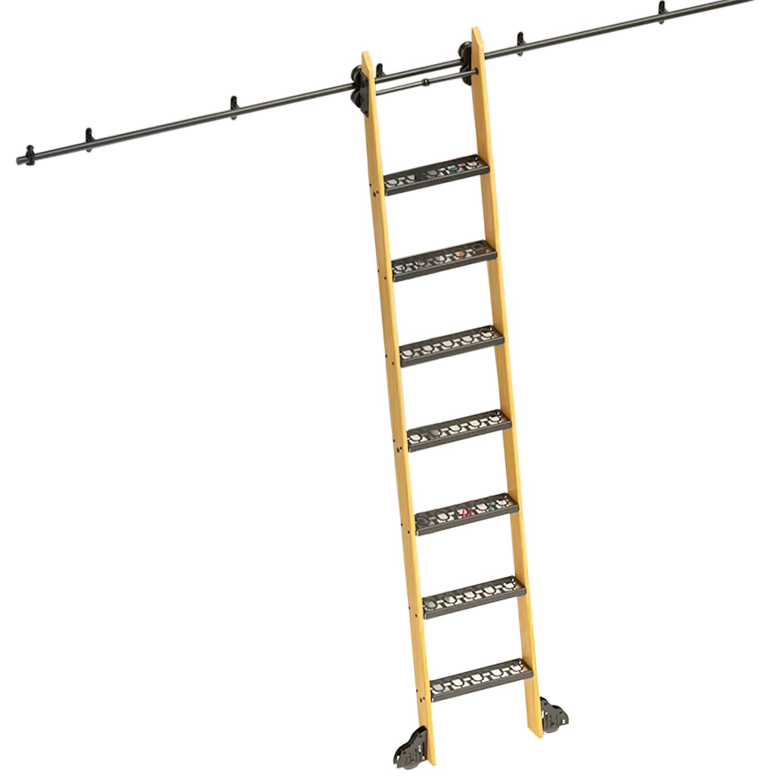 Kit de rieles para escalera de Biblioteca con ruedas, escalera deslizante Negra, herrajes completos para hogar, cocina y vinoteca, riel con ruedas para piso (sin escalera