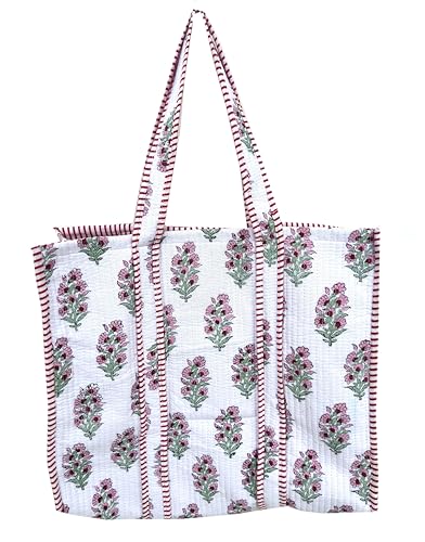 Image of Quilted Cotton Handprinted Reversible Large multicolor Floral Tote Bag,Hand Block Print Shopping Shoulder Carry Bag