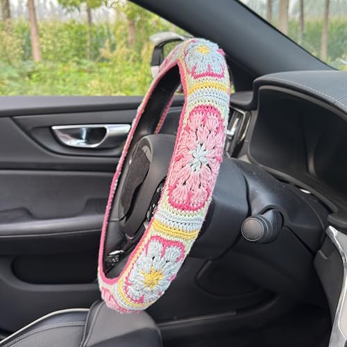 Handmade Crochet Pink Fower Granny Square Car Steering Wheel Covers Universal 14-15 inch for Women and Men (Steer Wheel Cover)
