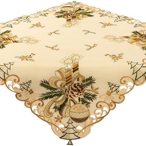 Tischdecke Weihnachten Beige Kerze Gold Mitteldecke Bestickt 85 x 85...