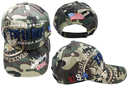 Trade Winds Trump Take America Back! USA Signature 2024 Woodland Camouflage Camo Shadow 100% Polyester Adjustable Embroidered Baseball Cap Hat, Multicolor, 7 3/4