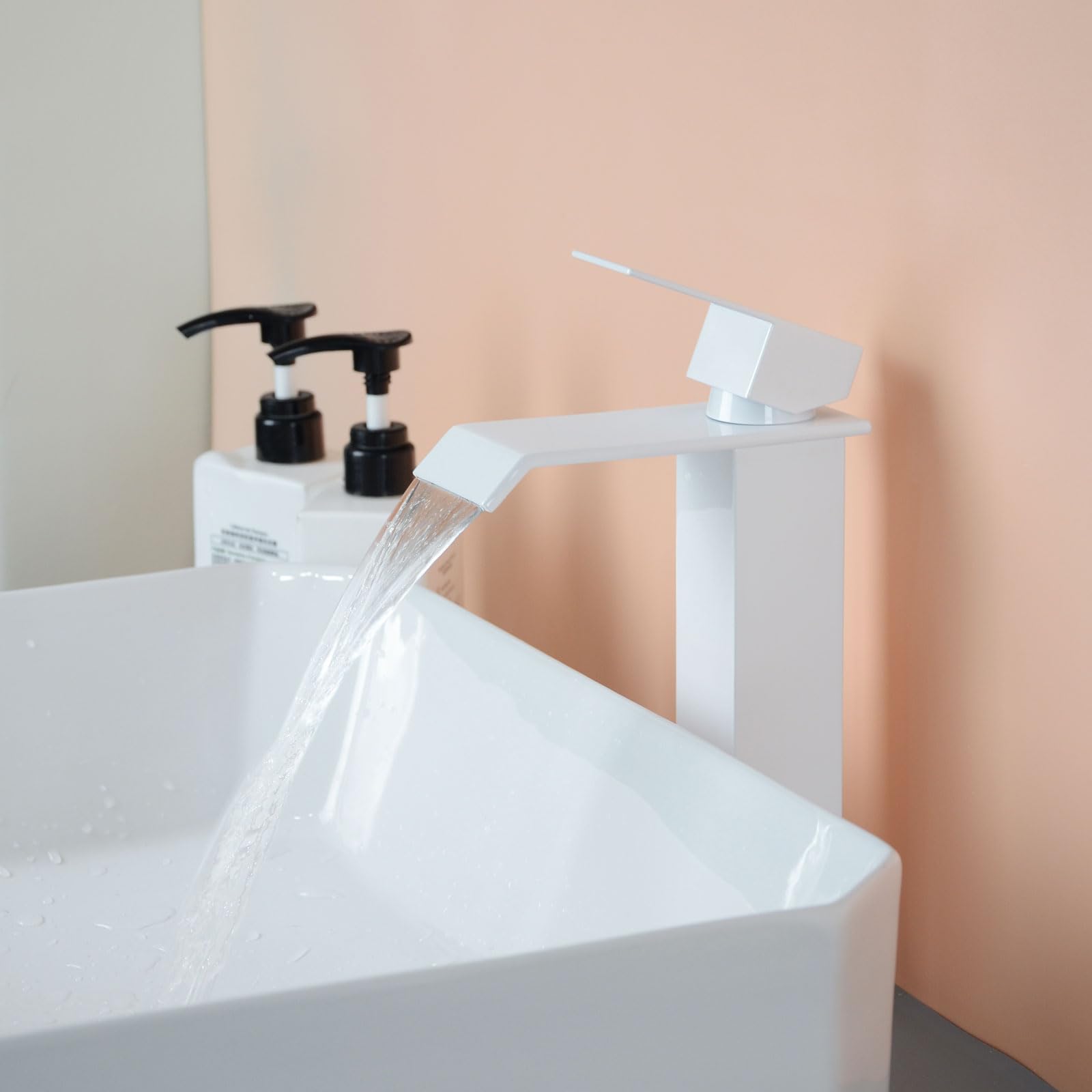 PHASAT Grifo de Baño Alto Cascada Grifo de Lavabo con Caño de 205mm de Altura, Mezclador Monomando Lavabo PTMP19W