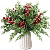 EverMerry 45 PCS Artificial Norfolk Pine Stems with Red Berries Decor, Christmas Greenery Branches for DIY Home, Office, Holiday Decor, Evergreen Cypress Plant for Indoor/Outdoor Floral Arrangements