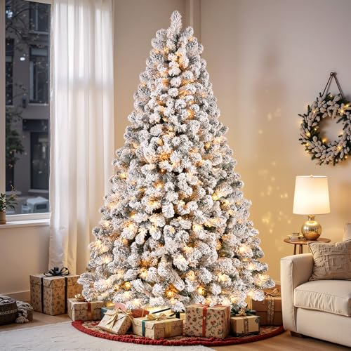 Image of SHareconn 9ft Snow Flocked Spruce Pre-lit Artificial Christmas Tree, White | 550 Warm White Incandescent Lights, 1810 Branch Tips, Foldable Metal Stand, Full Snow Flocked Xmas Tree for Holiday Decor