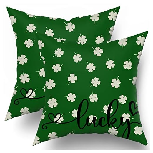 St Patricks Day Throw Pillow Covers 18x18 Clover Print Spring Holiday Green Decorative Pillows Farmhouse Pillowcase Square Cottton Cushion Case Decor for Home Sofa Couch Bed Porch Set of 2
