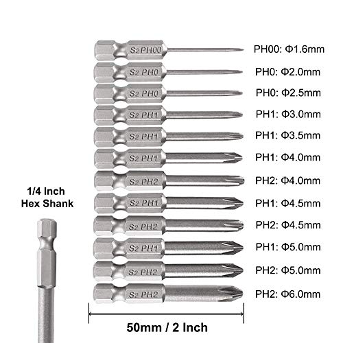 Image of Saiper 12pcs 1 /4 Inch Hex Shank Cross Head Screw Driver Bits Magnetic Phillips Screwdriver Set Bits S2 Steel, 50mm / 2-Inch Length