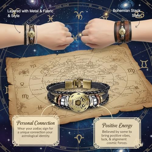 Image of Young & Forever Zodiac Sign Multi-Strand Genuine Leather Bracelet for Men & Boys - Adjustable Tribal Wristband with Antique Metal Charm