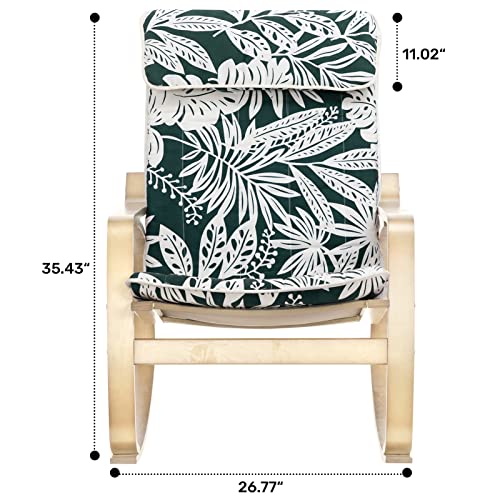 Doeworks Upholstered Rocking Chair With Linen Fabric, Wood Lounge Chair, Armrest Rocker With Cushion For Living Room, Bedroom, Balcony, Green Leaves Pattern #TOP3