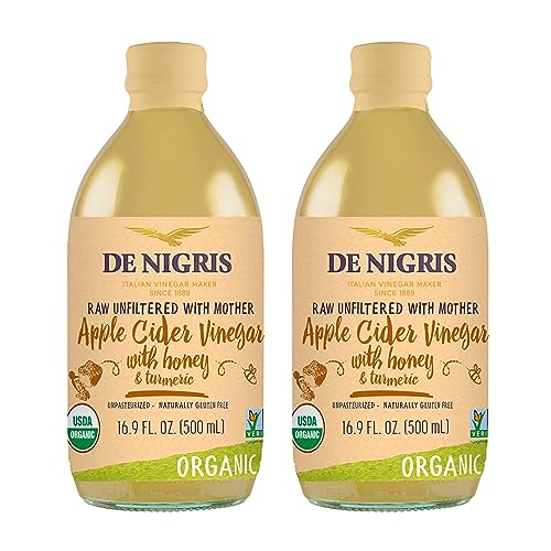De Nigris Organic Apple Cider Vinegar With Honey & Turmeric, Raw & Unfiltered 16,9 Oz (Pack of 2) | Apple Cider Vinegar With Mother For The Balance Of Metabolism, Organic