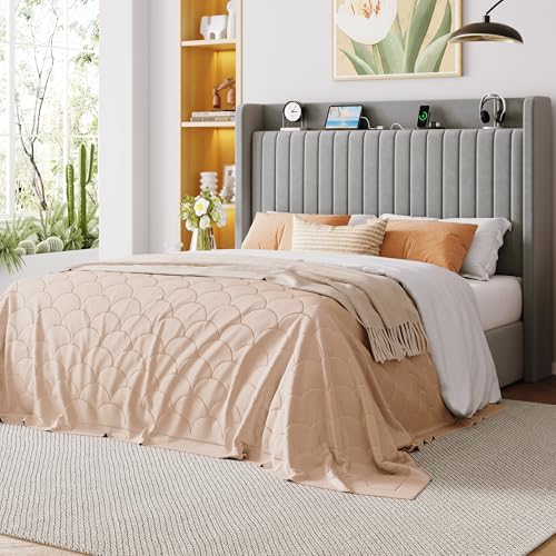 Image of Allewie Full Size Lift Up Storage Bed Frame,Storage Shelf Headboard with Charging Station,Type-C and USB Ports,Hydraulic Support,Velvet Upholstered Bed Frame,No Box Spring Needed,Grey