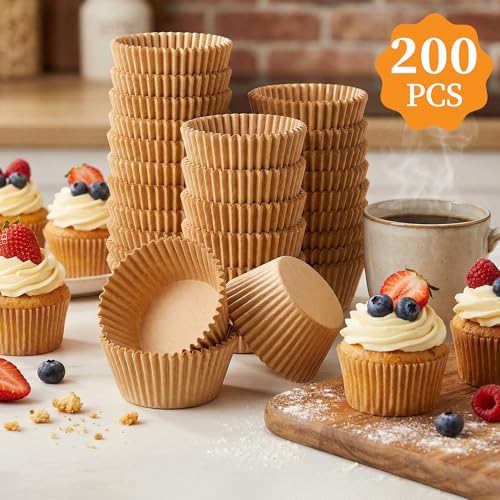 Image of KORCCI 200 Premium Cupcake & Muffin Liners - Unbleached Parchment Paper, Greaseproof & Non-Stick Baking Cups for Muffins, Cupcakes, and Party Treats