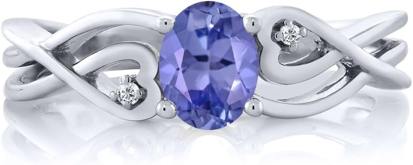 Gem Stone King 925 Sterling Silver Oval Blue Tanzanite and White Lab Grown Diamond Engagement Ring For Women | 0.46 Cttw | 3 Stone Wedding Engagement Anniversary Promise Ring For Women