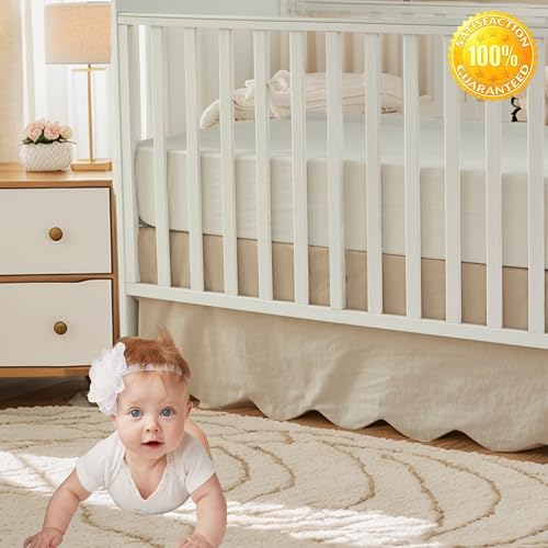 Image of Brandream Scallop Edge Organic Cotton Crib Skirt, Baby Boy, Baby Girl, Gender Neutral Crib Skirt Toddler Bedskirt Farmhouse Chic Nursery Crib Bed Skirt, Boho Bohemian Solid Beige Skirt