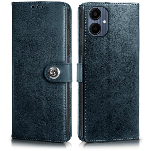 Image of Genuine Leather Inside Back TPU Wallet Button Magnetic Compatible Model for Samsung F05 - SM-E055F - Navy Blue
