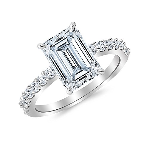 14K White Gold 2.5 Carat LAB GROWN DIAMOND Classic Prong Set Emerald Cut Diamond Engagement Ring (E-F Color VS1-VS2 Clarity 2 Ct Center)
