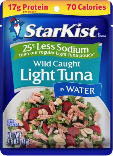 Image of StarKist Light Tuna in Water 25% Less Sodium Pouch (2.6 oz) Ready to Eat, Wild Caught, High Protein Shelf Stable Seafood, Gluten Free, Soy Free, No Draining for Salads and Sandwiches (Pack of 6)