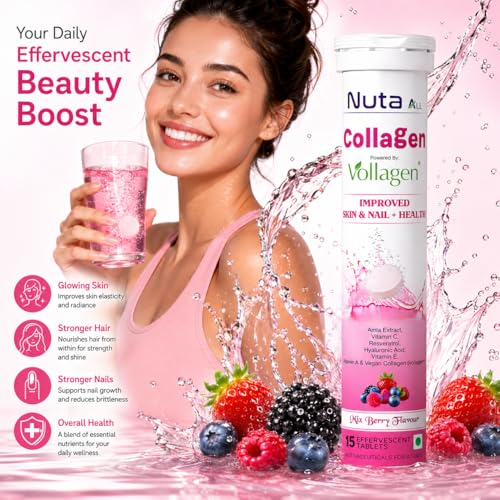 Image of Collagen Effervescent Tablets | Vegan Collagen (Vollagen), Vitamin C & Hyaluronic Acid | Skin Glow, Hair & Nail Support | Mix Berry | 15 Tablets