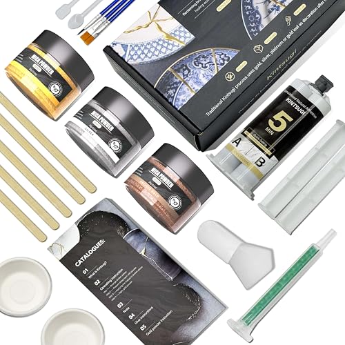RUIOT Kintsugi Repair Kit for Broken Ceramics - Food-Safe Epoxy Resin & Golden Mica Powder, DIY Japanese Ceramic Glue with 5min Cure Time, Fix Mugs, Vases, Porcelain Dishes (Complete Restoration Kit)