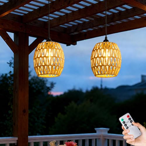 Battery Operated Chandelier, 2 Pack Natural Rattan...