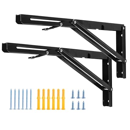 LIMBANI BROTHERS Folding Shelf Brackets, Heavy Duty Collapsible Shelf Bracket, Black DIY L Bracket for Workbench Folding Table Hinge, Max Load: 330lb, Pack of 2 (20 CM)