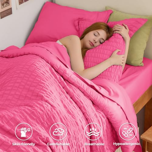 Image of HYMOKEGE Hot Pink Twin XL Comforter Set Seersucker 5 Pieces, All Season Luxury Bed in a Bag for Bedroom, Bedding Set with Comforter, Sheets, Pillowcase & Sham