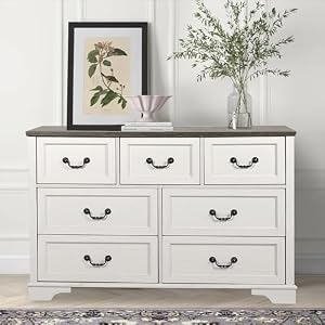 Farmhouse 7 Drawers Dresser for Bedroom, 47" Wide Wood Rustic Chest of Drawers with Natural Texture, Vintage Closet, Storage Dressers Organizer for Bedroom, Living Room, Hallway, Antique White Farmhouse 7 Drawers Dresser for Bedroom 47 Wide Wood Rustic Chest of Drawers with Natural Texture Vintage Closet Storage Dressers Organizer for Bedroom Living Room Hallway Antique White