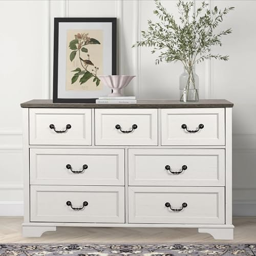 Farmhouse-7-Drawers-Dresser-for-Bedroom-47-Wide-Wood-Rustic-Chest-of-Drawers-with-Natural-Texture-Vintage-Closet-Storage-Dressers-Organizer-for-Bedroom-Living-Room-Hallway-Antique-White Farmhouse 7 Drawers Dresser for Bedroom 47 Wide Wood Rustic Chest of Drawers with Natural Texture Vintage Closet Storage Dressers Organizer for Bedroom Living Room Hallway Antique White