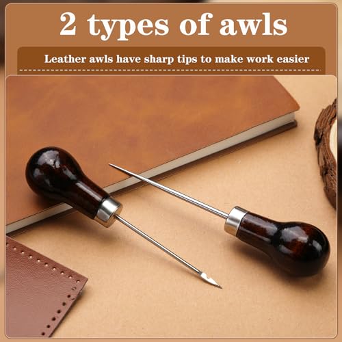 BAGERLA 2 Types Awl, Wooden Handle Scratch Awl, Awl Tool Gourd Shape Awl, Sewing Awl Leather Craft Tool for Leather Craft Punch Hole Sewing DIY Handmade Stitch