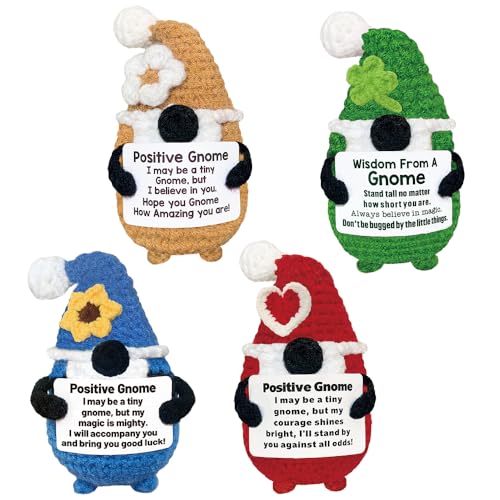4Packs Crochet Positive Gnomes Emotional Support Crochet Gnome Gifts for Women Men Birthday Friends Coworkers Inspirational Crochet Animal with Positive Messages Handmade Funny Mini Gnome Decor