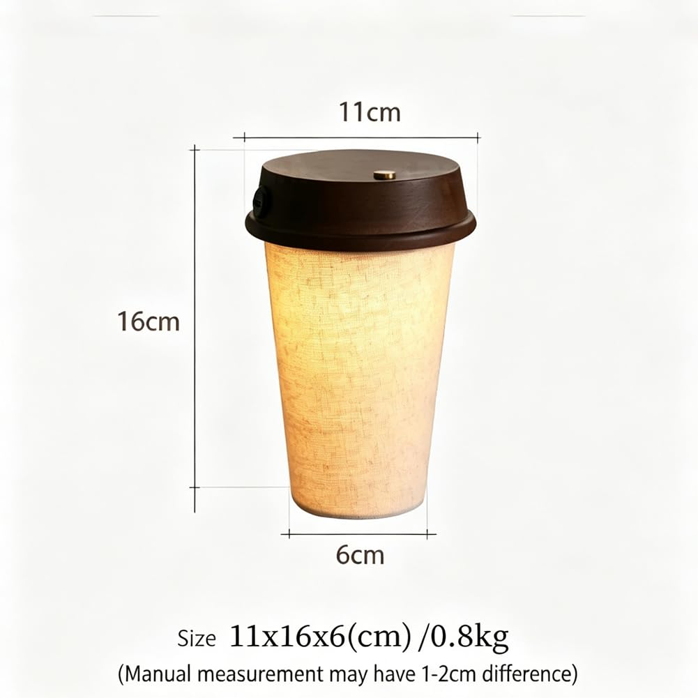 Kaffeetasse Nachttischlampe mit Touch Schalter Dimmbar Kabellos Tischlampe Holz + Stoff Lampenschirm Nachtlicht Kaffeetassen Dekorative Lampe Batterie Beleuchtung Innen Cafélampe