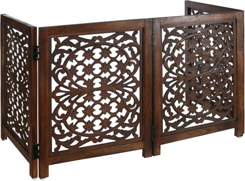 Image of Foldable Wooden Dog Gate with 4 Panels | Freestanding Pet Safety Barrier for Dogs & Puppies | Indoor Fence for Doorway, Stairs & Hallway | Portable Pet Gate (Brown)