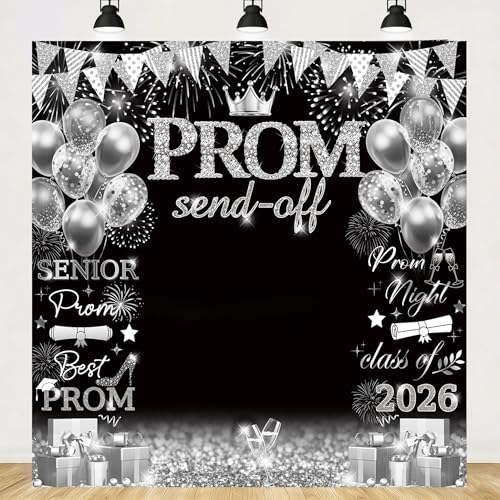 Prom 2026 Graduations Backdrop Black Sliver Prom Send Off Backdrop 2026 Congratulations Graduates Graduation Party Decorations Background (silver 6X6FT (180x180cm))