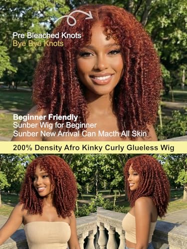 Image of Sunber Reddish Brown Afro Kinky Curly Human Hair Wig Pre Everyting 16inch | 7X5 HD Wigs With Drawstring Bye Bye Knots Pre Cut Lace 200% Density Put On Go Pre Plucked Pre Bleached Invisible Knots 16Inch
