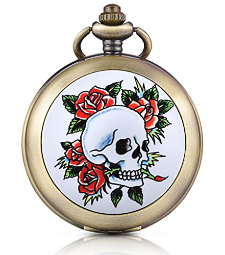 Preisvergleich Produktbild Unendlich U Totenkopf Schädel Rose Foto Medaillon Handaufzug Mechanische Taschenuhr Schwarzes Zifferblatt Skelettuhr Pullover Halskette, beide Ketten