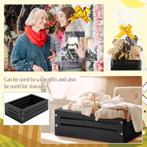 Image of Wonderjune Wooden Baskets for Back to School Gifts Empty Wood Basket with Cellophane Bag Ribbon Greeting Card for Birthday Baby Shower Wedding Housewarming Gifts Packaging(Black,Small)