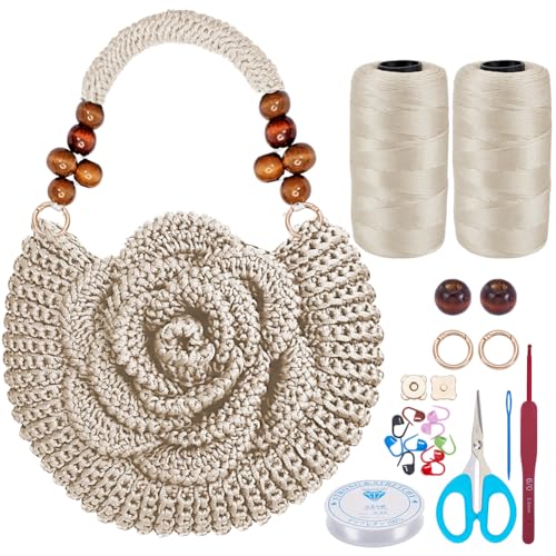 Image of ACRNIGHEET Crochet Kit for Beginners White Khaki Crochet Purse Bag for Women DIY Tote Bag Making Kit with Step-by-Step Tutorials Hobbies Project for Starter Boho Style Gift Ideas