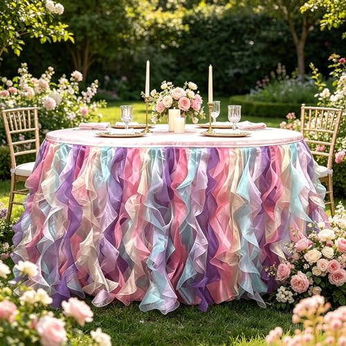 Image of Luxury Organza Mesh Table Skirt Draping Floating Romance - Perfect for Bridal Showers, Birthday Weddings - Clear Flowing Decoration for a Wonderful Main Cake Table (Colorful-6ft, 72 inchLx30 inchH)